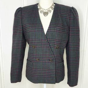 Vintage La Suit Wool Blend Plaid Blazer Lined Puff Sleeves Sz 8